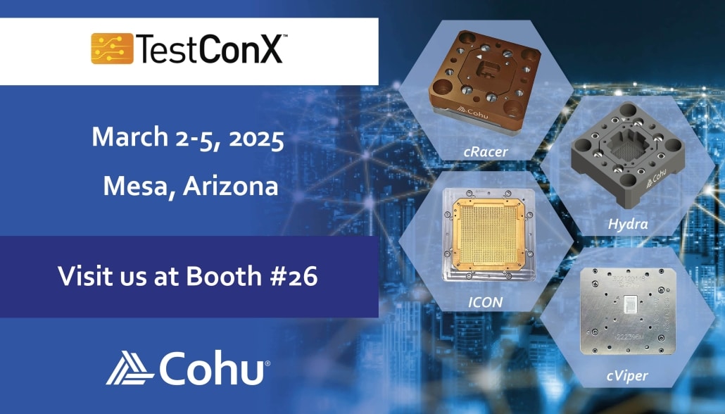 Cohu will be attending TestConX on March 2-5 in 2025. cRacer, Hydra. ICON, and cViper products are showcased with connectivity over a cityscape in the background.