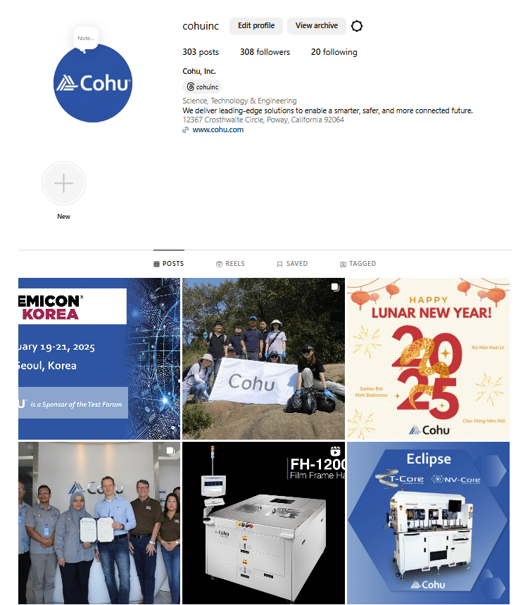 A screenshot of an Instagram profile with six of the recent posts displayed. The profile is for a company named Cohu with a dark blue background logo and white text.