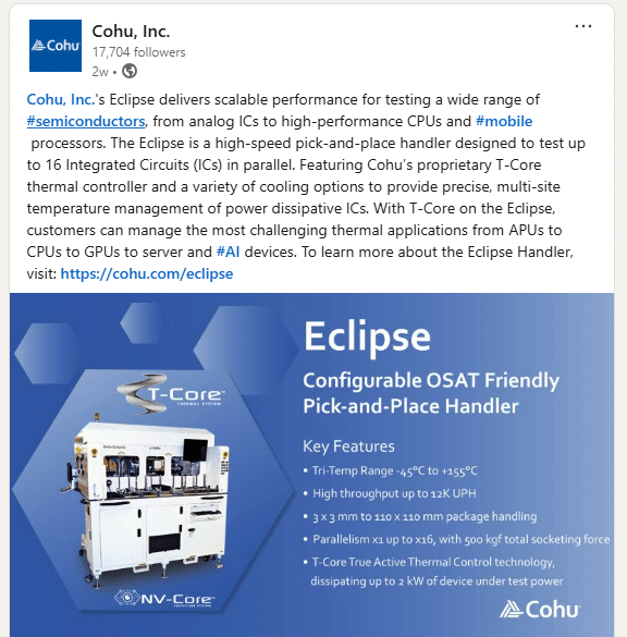 A screenshot of a LinkedIn post. The post consists of nine lines of text describing a product called Eclipse while the bottom half of the image has a picture of the machine with text describing the key features of the product.