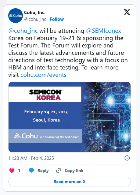 A screenshot of a tweet or post from X. The post is from Cohu and it describes the company's attendance at Semicon Korea with text o nthe top half describing the event and an image stating their attendance.